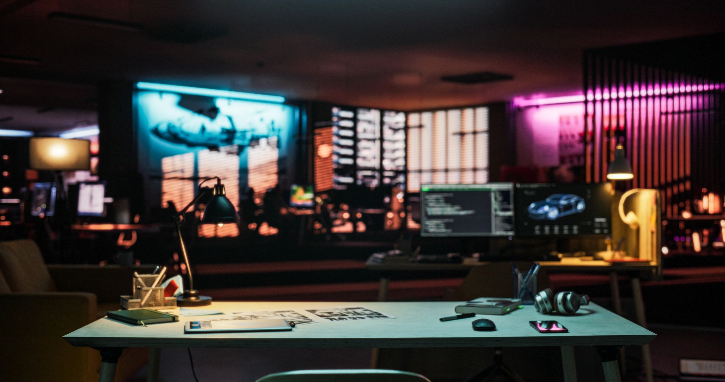 Dark neon gaming setup with premium futuristic atmosphere